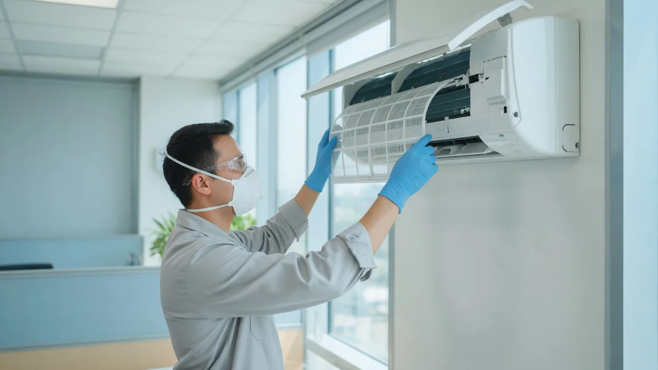 Engineer in safety glasses, FFP3 mask and nitrile gloves opening a wall-mounted AC unit in a UK office