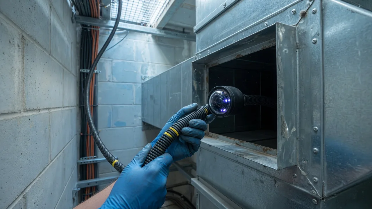 Gloved hands feeding an inspection camera into ventilation ductwork in a high-rise riser