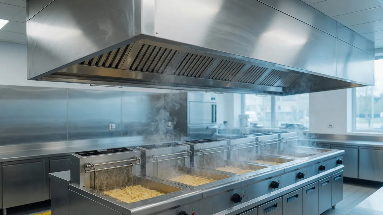 Stainless extract canopy above deep fat fryers in a commercial fast food kitchen