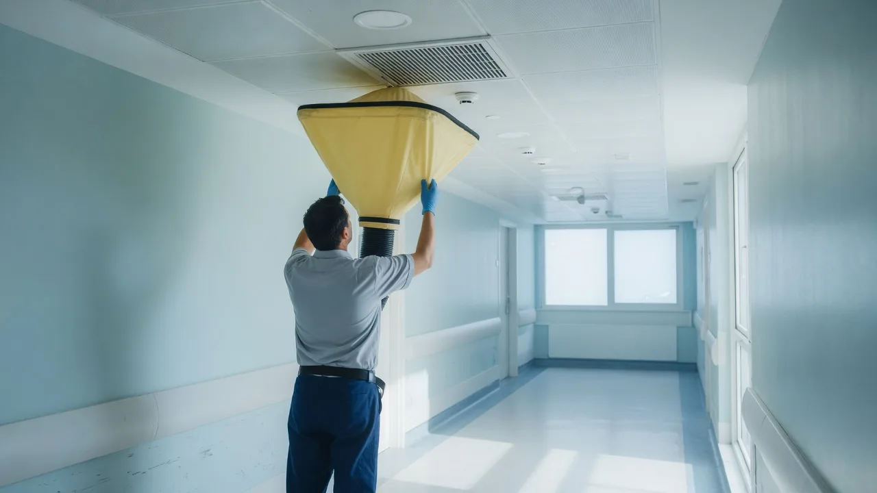 Engineer holding an airflow capture hood to a ceiling vent in a hospital corridor