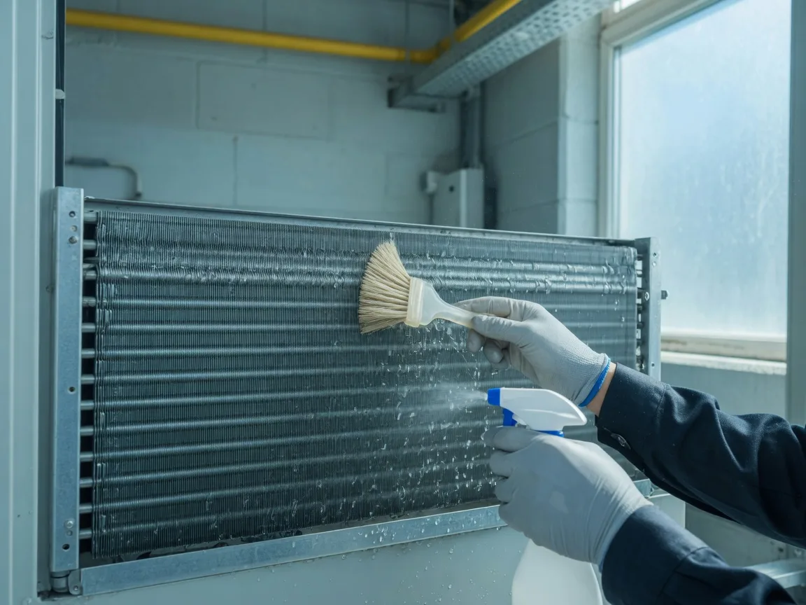 Engineer cleaning the wet aluminium fins of an air conditioning evaporator coil