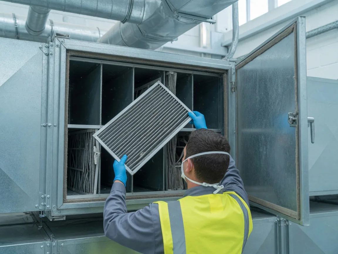 Technician in hi-vis and FFP3 mask sliding a dirty pleated filter from an air handling unit