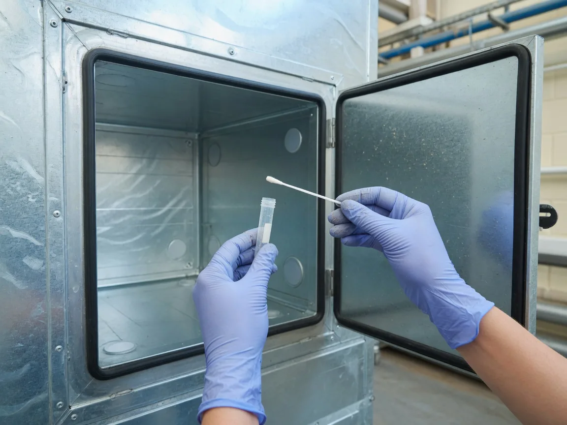 Gloved hands taking a swab sample inside an air handling unit chamber