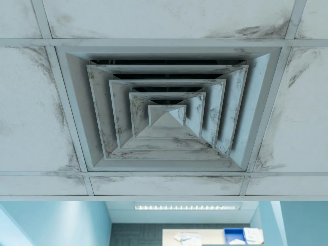 Ceiling ventilation diffuser streaked with dark dust in a commercial office