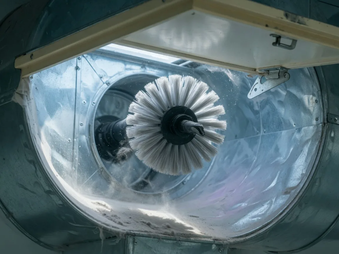 Rotary brush head loosening dust inside a galvanised ventilation duct