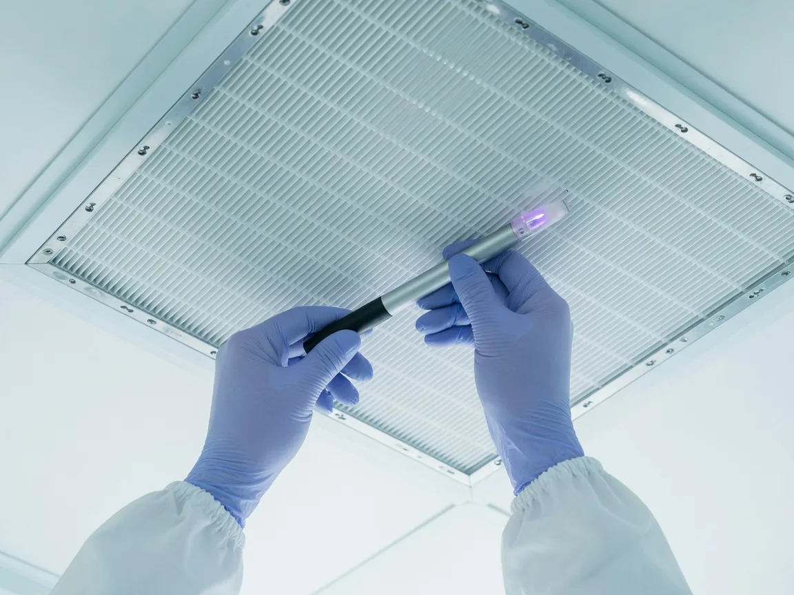 Gloved hands scanning a ceiling HEPA filter face with a test probe in a cleanroom
