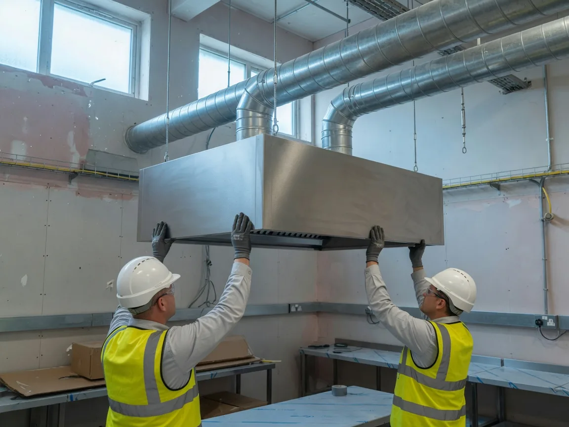 Installers in hard hats and hi-vis lifting a stainless steel extract canopy in a commercial kitchen