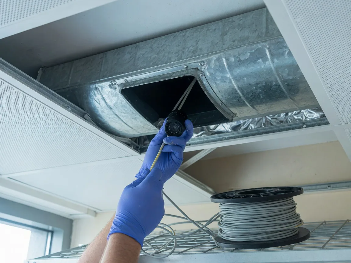 Gloved hands feeding an inspection camera into a ductwork access hatch