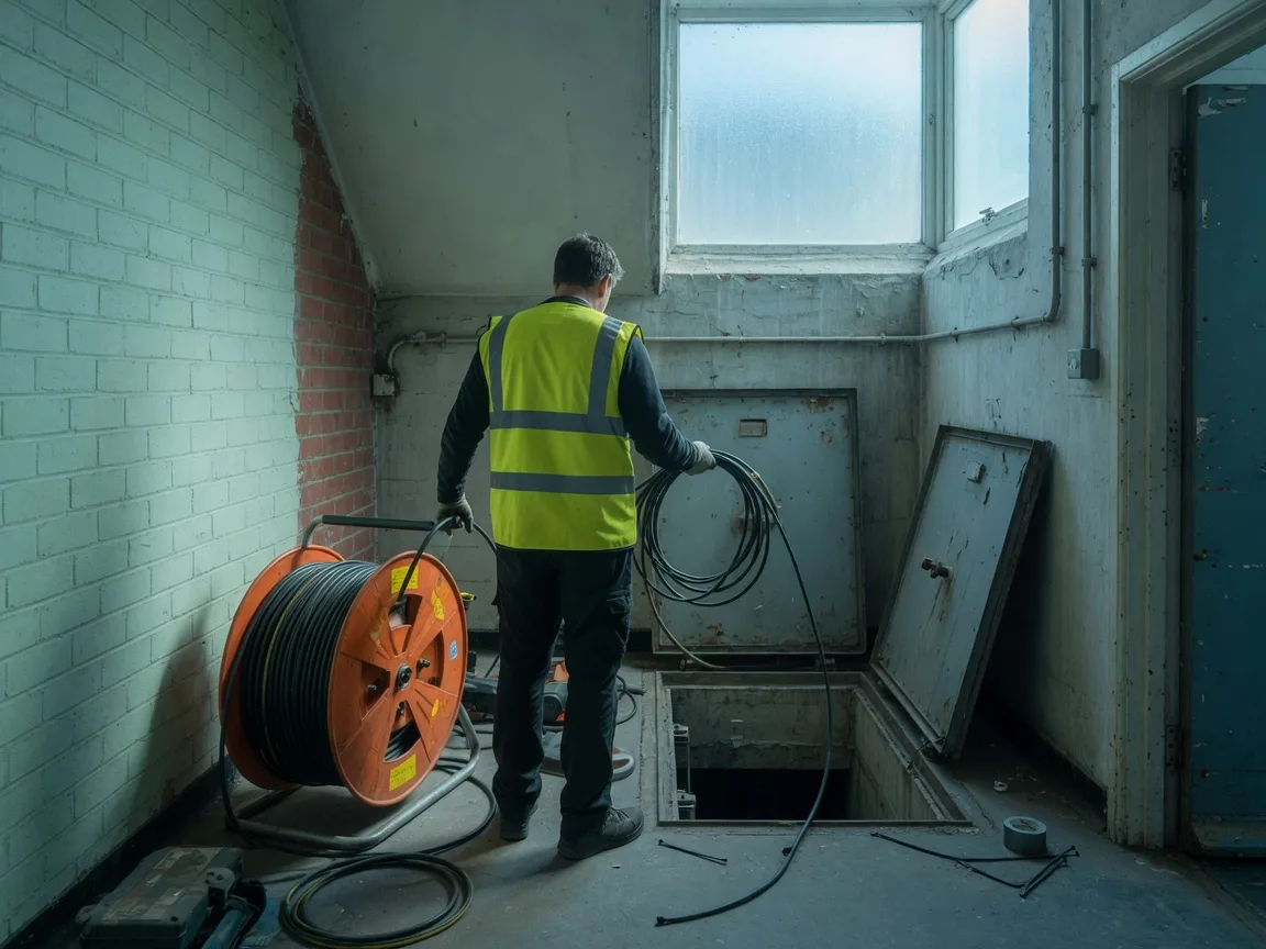 Engineer lowering a camera reel into a vertical ventilation riser in a high-rise block
