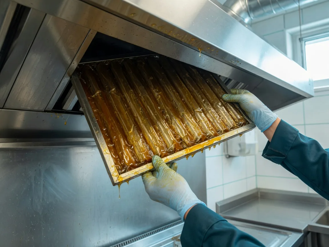 Gloved hands lifting a grease-coated baffle filter from a kitchen extract canopy