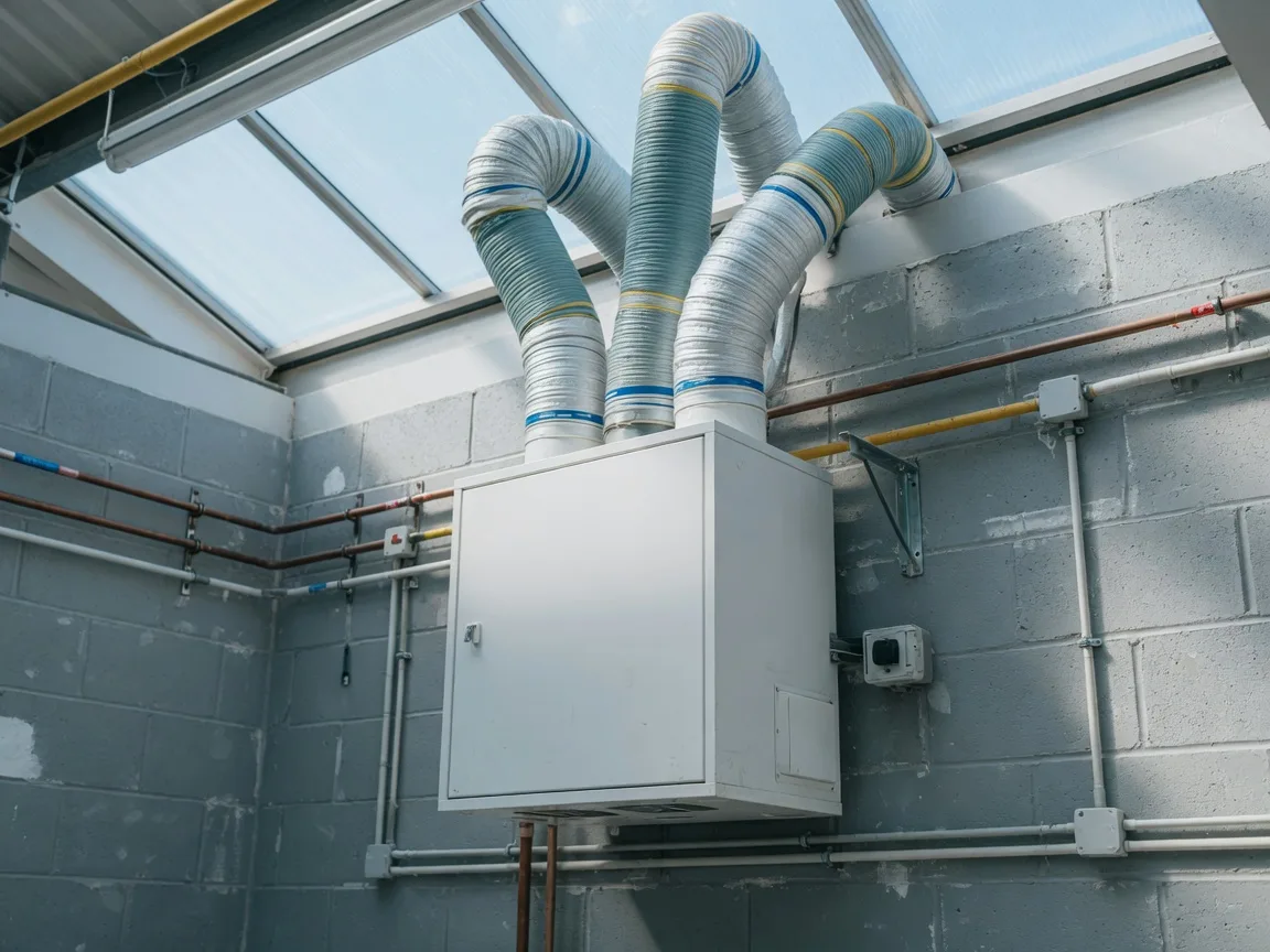 Heat recovery ventilation unit with insulated ducts in a commercial plant room