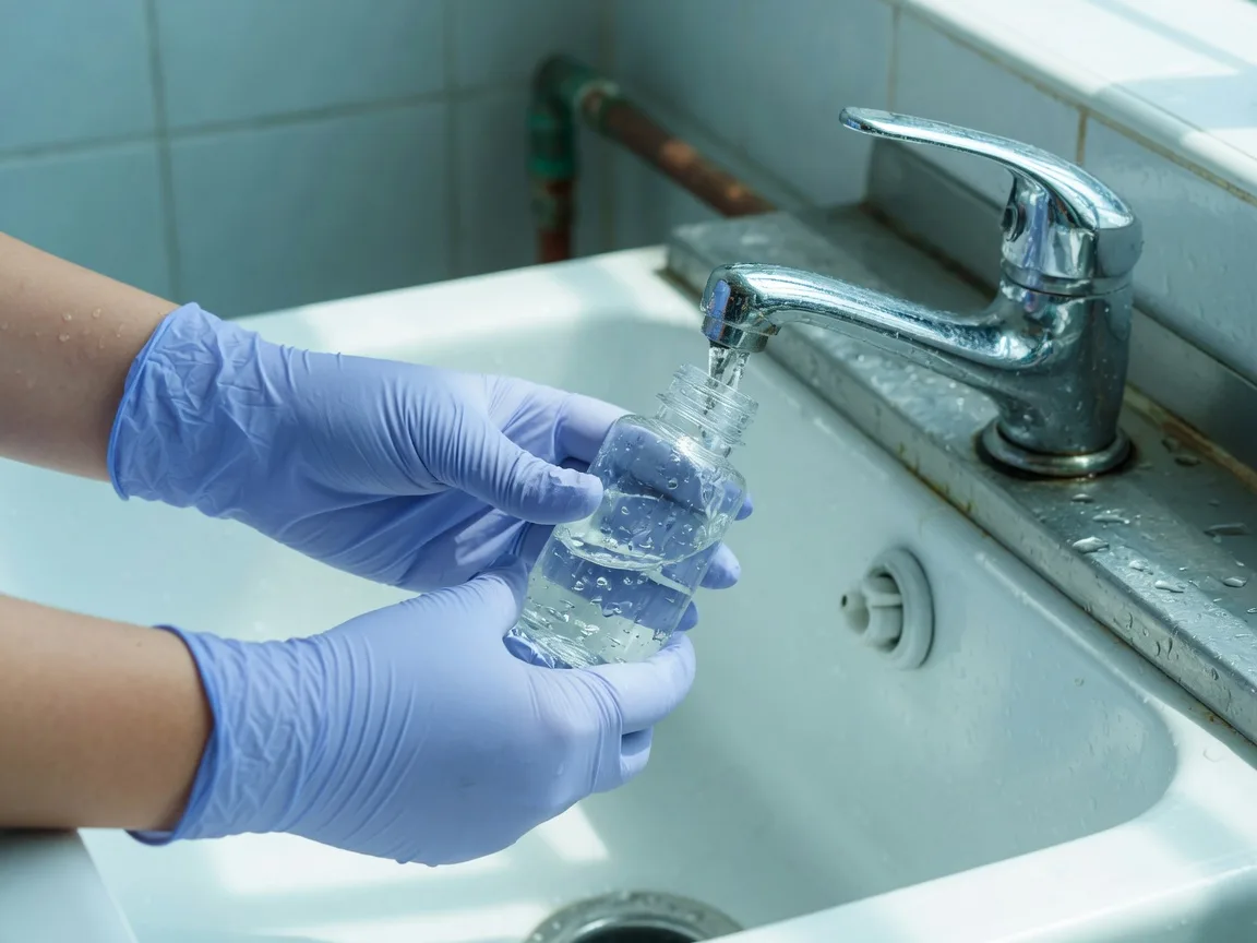 Gloved hands filling a sterile sample bottle from a tap for legionella testing